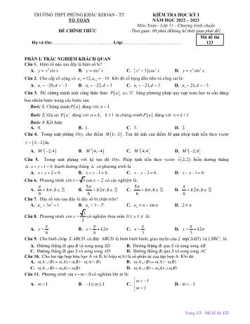 Kiểm tra học kì 1 môn Toán Lớp 11 - Năm học 2022-2023 - Trường THPT Phùng Khắc Khoan (Có đáp án)