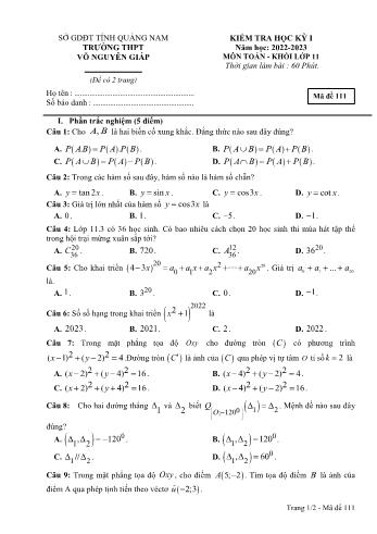 Kiểm tra học kì 1 môn Toán Lớp 11 - Năm học 2022-2023 - Trường THPT Võ Nguyên Giáp (Có đáp án)