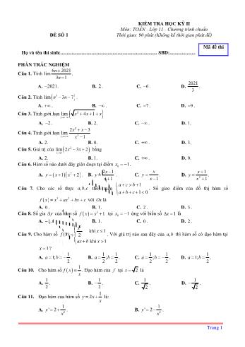 Kiểm tra học kì 2 môn Toán Lớp 11 - Đề 1 (Có lời giải chi tiết)