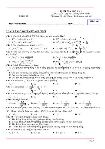 Kiểm tra học kì 2 môn Toán Lớp 11 - Đề 10 (Có lời giải chi tiết)