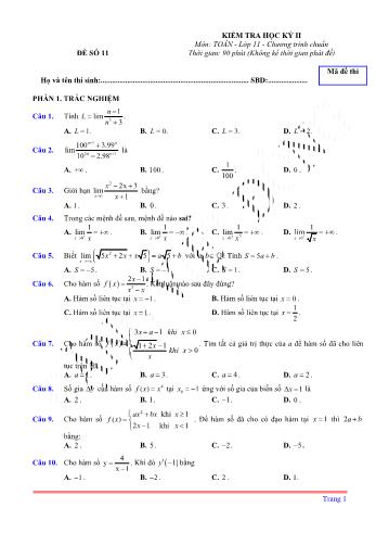 Kiểm tra học kì 2 môn Toán Lớp 11 - Đề 11 (Có lời giải chi tiết)