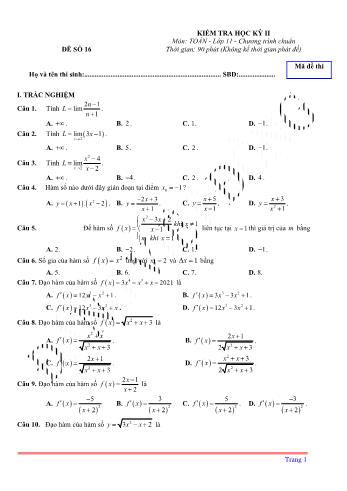 Kiểm tra học kì 2 môn Toán Lớp 11 - Đề 16 (Có lời giải chi tiết)