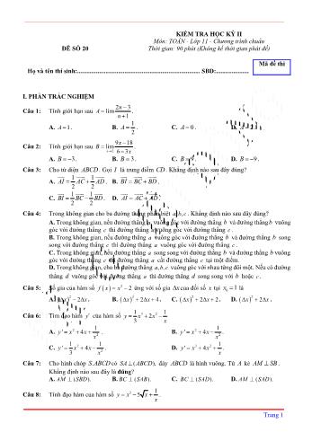 Kiểm tra học kì 2 môn Toán Lớp 11 - Đề 20 (Có lời giải chi tiết)