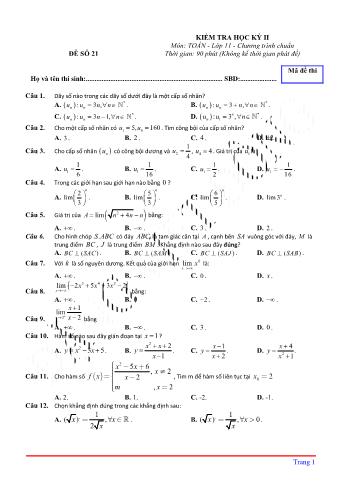 Kiểm tra học kì 2 môn Toán Lớp 11 - Đề 21 (Có lời giải chi tiết)