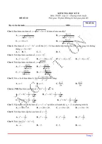 Kiểm tra học kì 2 môn Toán Lớp 11 - Đề 22 (Có lời giải chi tiết)