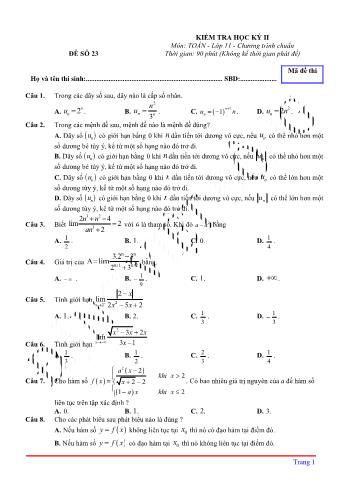 Kiểm tra học kì 2 môn Toán Lớp 11 - Đề 23 (Có lời giải chi tiết)