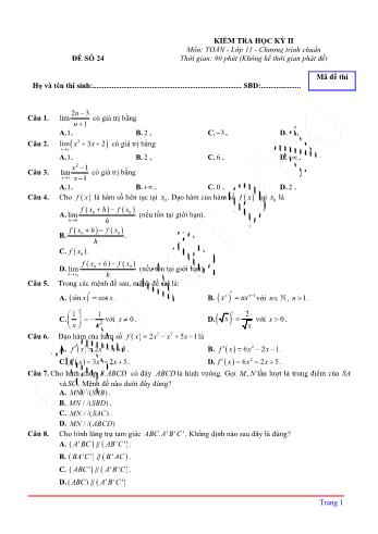 Kiểm tra học kì 2 môn Toán Lớp 11 - Đề 24 (Có lời giải chi tiết)