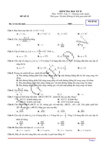 Kiểm tra học kì 2 môn Toán Lớp 11 - Đề 25 (Có lời giải chi tiết)