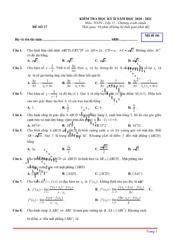 Kiểm tra học kì 2 môn Toán Lớp 11 - Đề 27 (Có lời giải chi tiết)