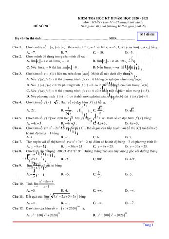 Kiểm tra học kì 2 môn Toán Lớp 11 - Đề 28 (Có lời giải chi tiết)