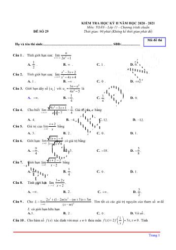 Kiểm tra học kì 2 môn Toán Lớp 11 - Đề 29 (Có lời giải chi tiết)