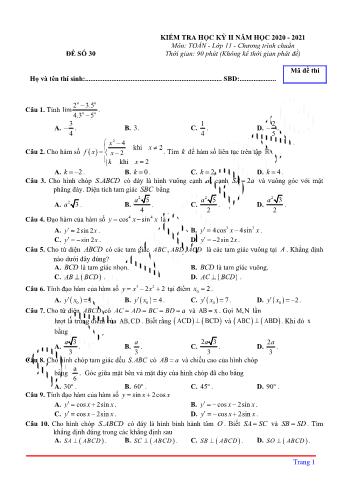 Kiểm tra học kì 2 môn Toán Lớp 11 - Đề 30 (Có lời giải chi tiết)