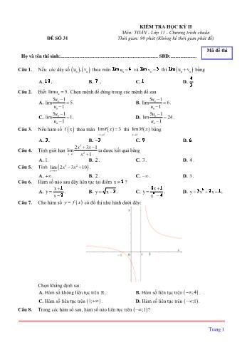 Kiểm tra học kì 2 môn Toán Lớp 11 - Đề 31 (Có lời giải chi tiết)