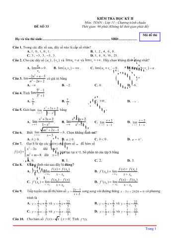 Kiểm tra học kì 2 môn Toán Lớp 11 - Đề 33 (Có lời giải chi tiết)