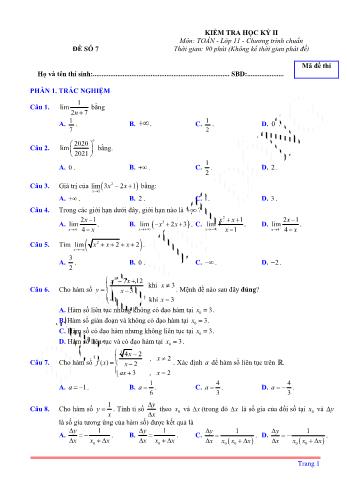 Kiểm tra học kì 2 môn Toán Lớp 11 - Đề 7 (Có lời giải chi tiết)