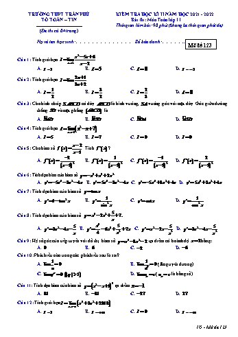 Kiểm tra học kì 2 môn Toán Lớp 11 - Mã đề 123 - Năm học 2021-2022 - Trường THPT Trần Phú (Có đáp án)
