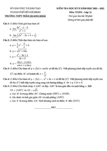 Kiểm tra học kì 2 môn Toán Lớp 11 - Năm học 2021-2022 - Trường THPT Trần Quang Khải