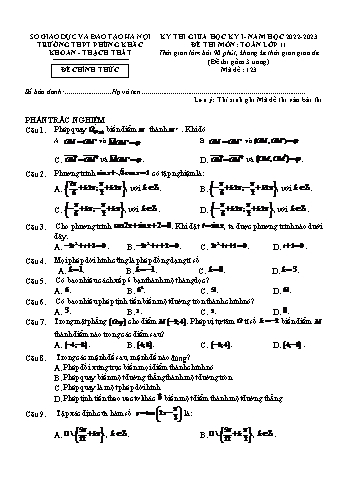 Kỳ thi giữa học kì 1 môn Toán Lớp 11 - Mã đề 123 - Năm học 2022-2023 - Trường THPT Thạch Thất