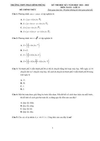Kỳ thi học kì 1 môn Toán Lớp 11 - Năm học 2021-2022 - Trường THPT Phan Đình Phùng