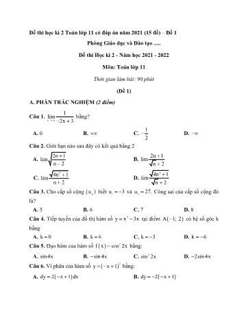 15 Đề thi học kì 2 môn Toán Lớp 11 - Năm học 2021-2022 (Có đáp án)