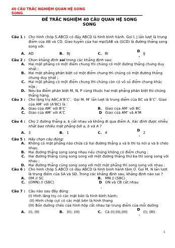 40 Câu trắc nghiệm môn Toán Lớp 11 - Quan hệ song song (Có đáp án)