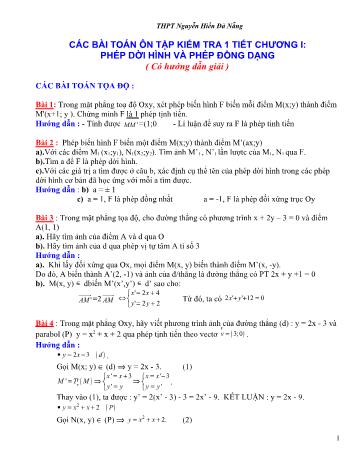 Các bài toán ôn tập kiểm tra 1 tiết môn Toán Lớp 11 - Chương 1 Phép dời hình và phép đồng dạng - Trường THPT Nguyễn Hiền (Có hướng dẫn giải)