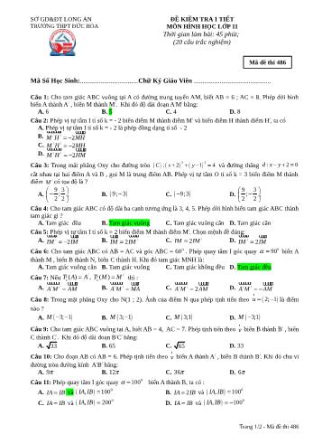 Đề kiểm tra 1 tiết Hình học Lớp 11 - Chương 1: Phép biến hình - Mã đề 486 - Trường THPT Đức Hòa