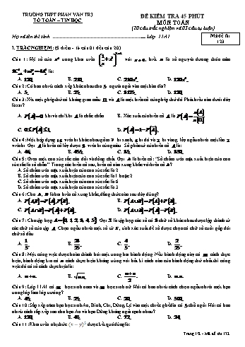Đề kiểm tra 45 phút môn Toán Lớp 11 - Mã đề 123 - Trường THPT Phan Văn Trị