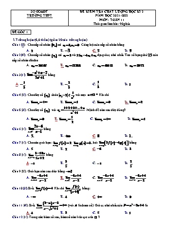 Đề kiểm tra chất lượng học kì 2 môn Toán Lớp 11 - Năm học 2021-2022 (Có đáp án)