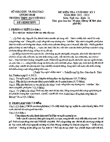 Đề kiểm tra cuối học kì 1 môn Ngữ văn Lớp 11 - Năm học 2022-2023 - Trường THPT Nguyễn Dục (Có đáp án)
