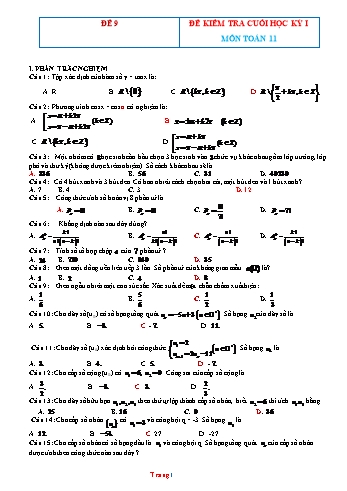 Đề kiểm tra cuối học kì 1 môn Toán Lớp 11 - Đề 9 (Có đáp án)