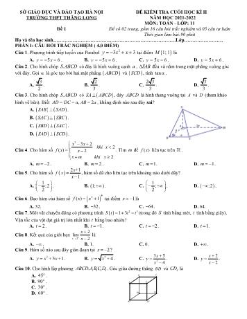 Đề kiểm tra cuối học kì 2 môn Toán Khối 11 - Năm học 2021-2022 - Trường THPT Thăng Long