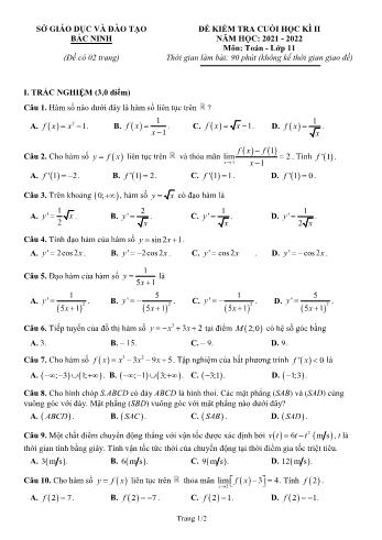 Đề kiểm tra cuối học kì 2 môn Toán Lớp 11 - Năm học 2021-2022 - Sở GD&ĐT Bắc Ninh (Có đáp án)