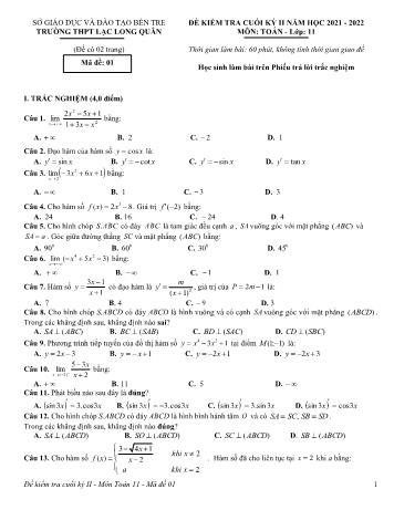 Đề kiểm tra cuối học kì 2 môn Toán Lớp 11 - Năm học 2021-2022 - Trường THPT Lạc Long Quân (Kèm đáp án)