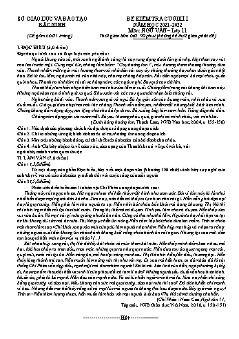 Đề kiểm tra cuối kì 1 môn Ngữ văn Lớp 11 - Năm học 2021-2022 - Sở GD&ĐT Bắc Ninh (Có đáp án)