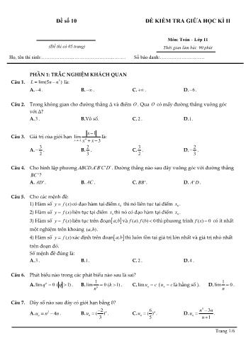 Đề kiểm tra giữa học kì 2 môn Toán Lớp 11 - Đề số 10