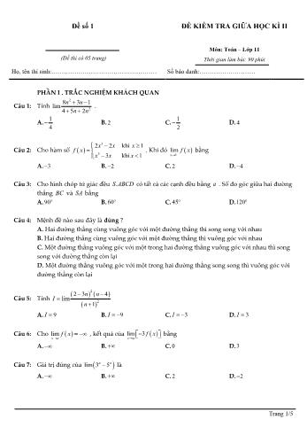 Đề kiểm tra giữa học kì 2 môn Toán Lớp 11 - Đề số 1