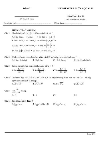 Đề kiểm tra giữa học kì 2 môn Toán Lớp 11 - Đề số 2