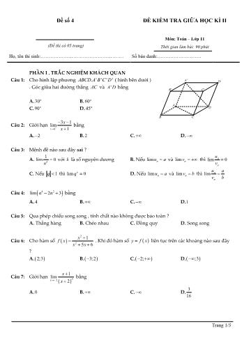 Đề kiểm tra giữa học kì 2 môn Toán Lớp 11 - Đề số 4