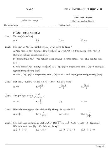 Đề kiểm tra giữa học kì 2 môn Toán Lớp 11 - Đề số 5