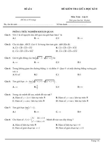 Đề kiểm tra giữa học kì 2 môn Toán Lớp 11 - Đề số 6