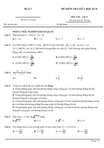 Đề kiểm tra giữa học kì 2 môn Toán Lớp 11 - Đề số 7