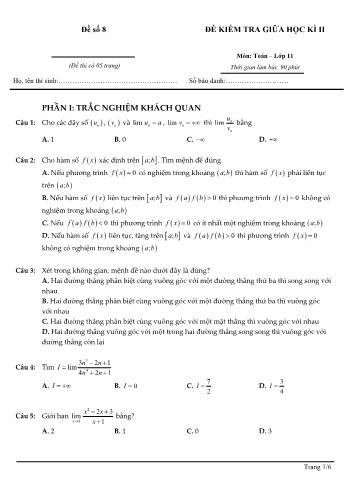 Đề kiểm tra giữa học kì 2 môn Toán Lớp 11 - Đề số 8