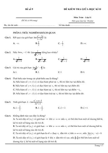 Đề kiểm tra giữa học kì 2 môn Toán Lớp 11 - Đề số 9