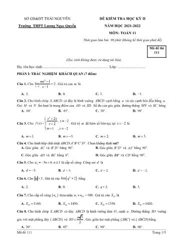 Đề kiểm tra học kì 2 môn Toán Khối 11 - Mã đề 111 - Năm học 2021-2022 - Trường THPT Lương Ngọc Quyến
