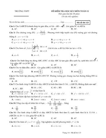 Đề kiểm tra học kì 2 môn Toán Khối 11 - Mã đề 123 (Có đáp án)