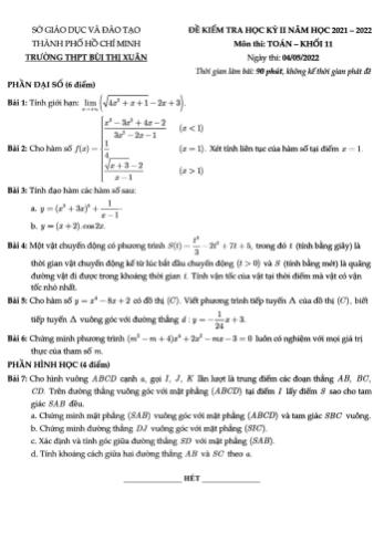 Đề kiểm tra học kì 2 môn Toán Lớp 11 - Năm học 2021-2022 - Trường THPT Bùi Thị Xuân