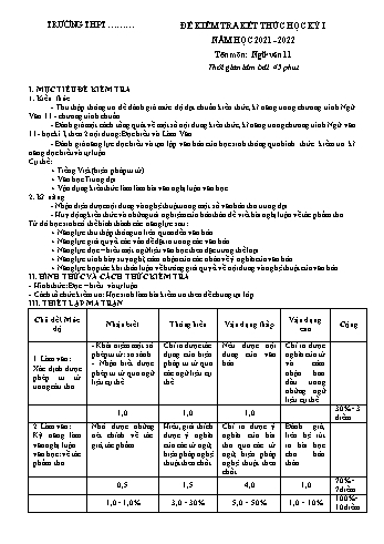 Đề kiểm tra kết thúc học kì 1 môn Ngữ văn Khối 11 - Năm học 2021-2022 (Kèm hướng dẫn chấm)