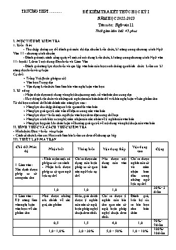 Đề kiểm tra kết thúc học kì 1 môn Ngữ văn Khối 11 - Năm học 2022-2023 (Có hướng dẫn chấm)
