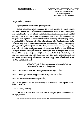 Đề kiểm tra kết thúc học kì 1 môn Ngữ văn Khối 11 - Năm học 2022-2023 (Kèm hướng dẫn chấm)